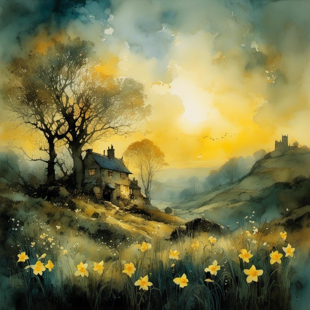 Daffodil Meadow in Enchanted Valley: Watercolor Art