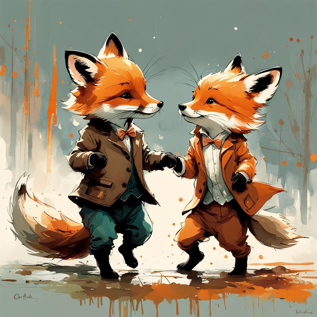 Fox and Otter Dance in New York Society, Watercolor Splash A...