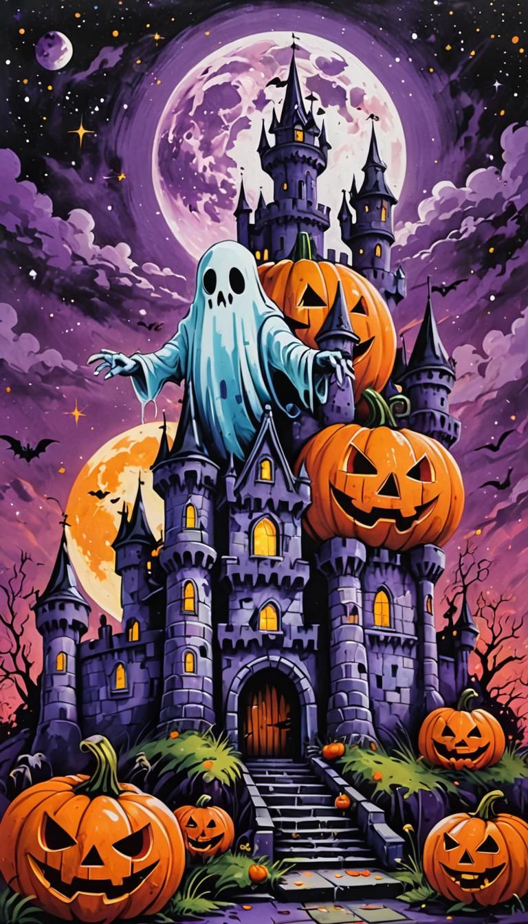 Halloween Castle Graffiti Art with Ghost and Pumpkin