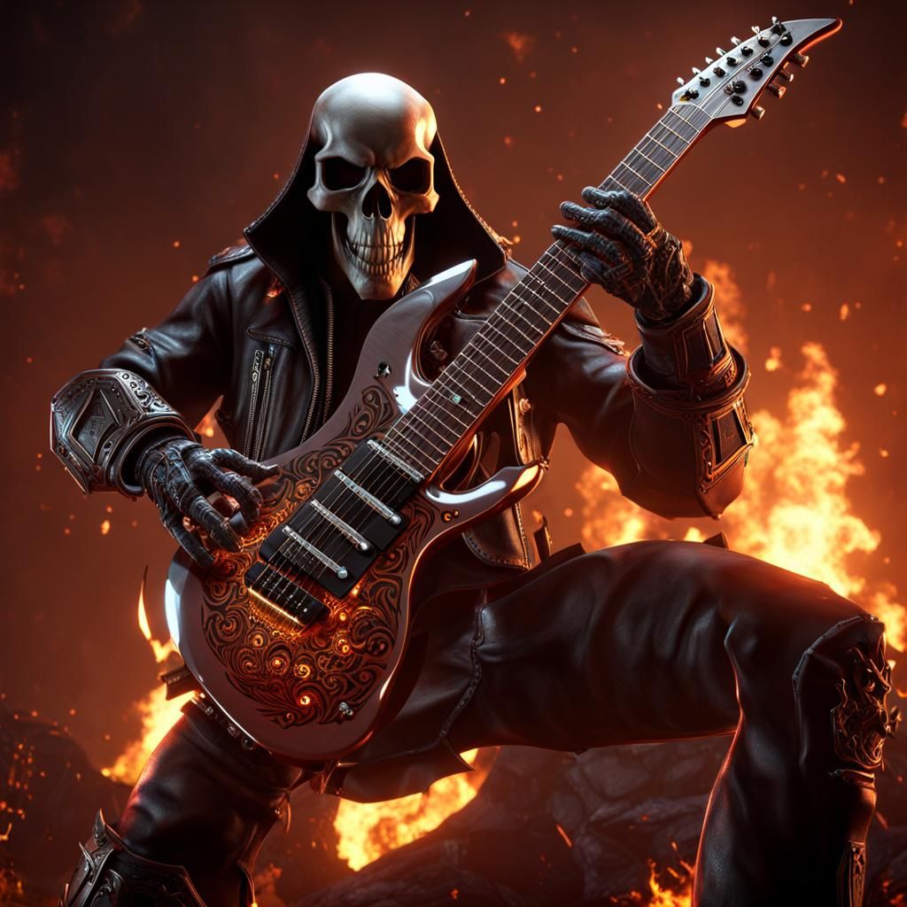 Fiery Skull Shreds Ibanez Guitar: 3D Game Art