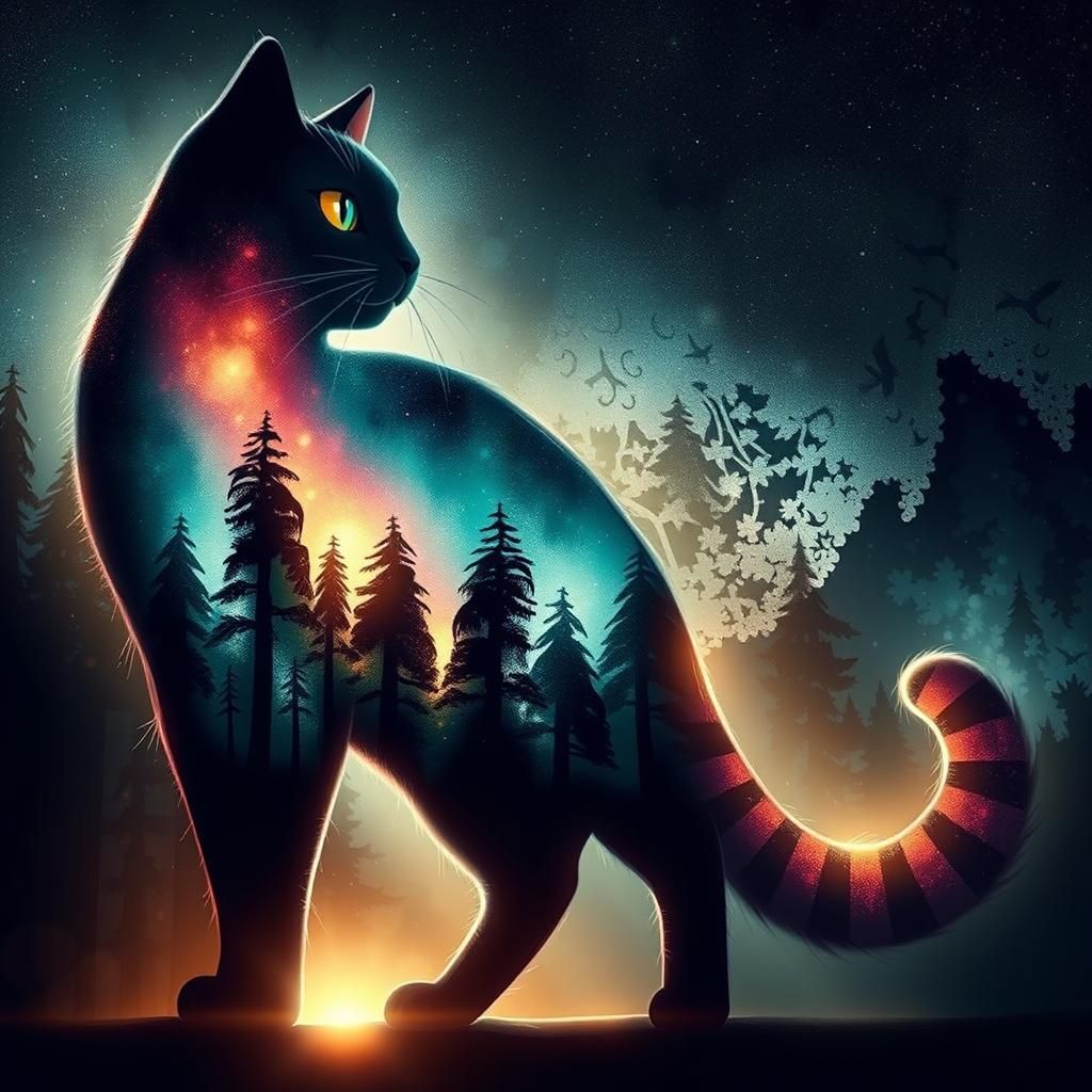 Cat Portrait with Forest Fur, Illustrated Style