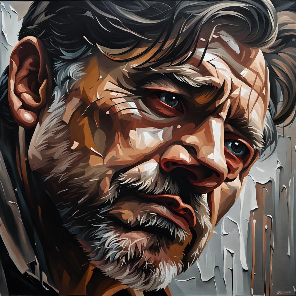 Tired Man's Portrait in Hyper-Realistic Oil Painting