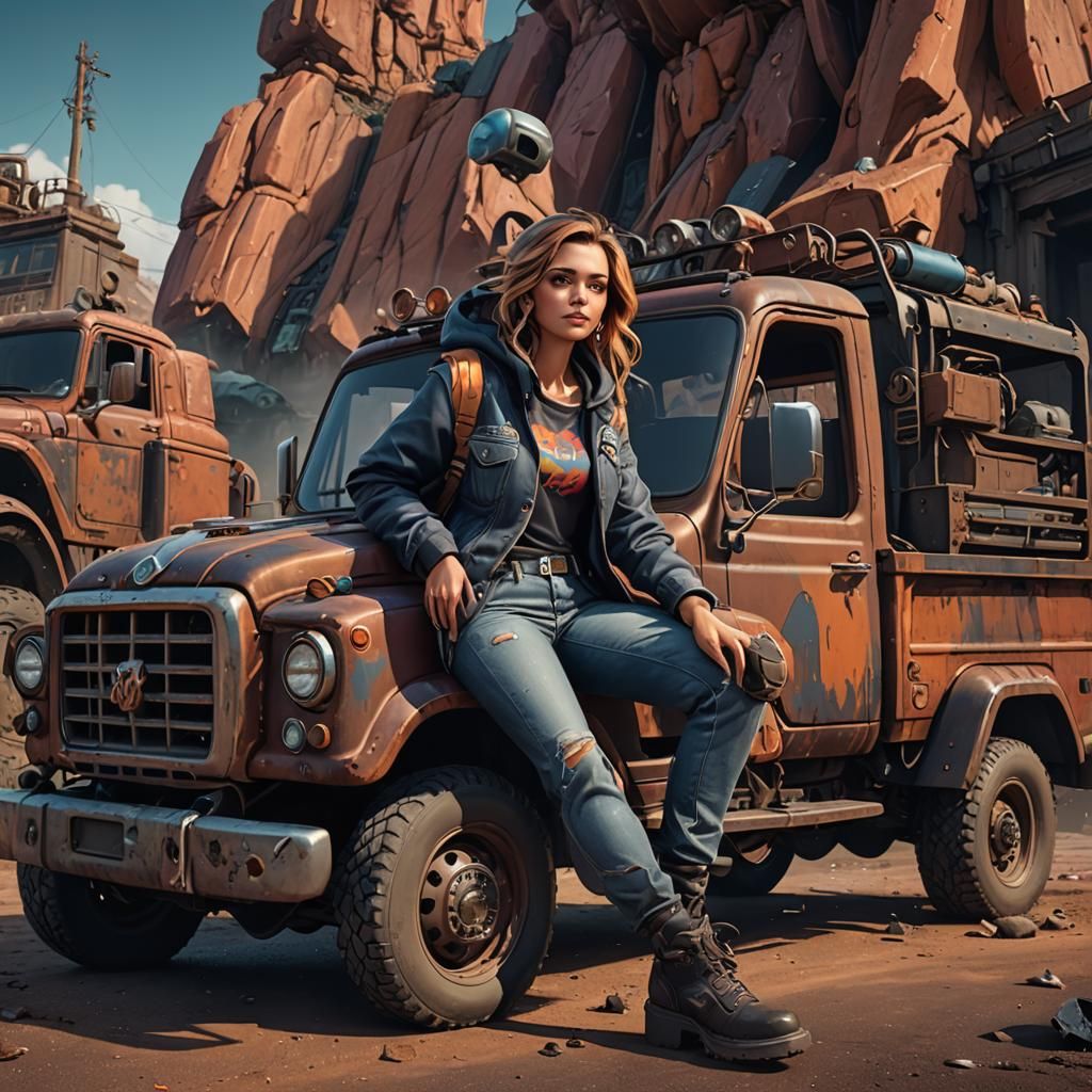 Woman Caricature on Truck Hood: Detailed Matte Painting