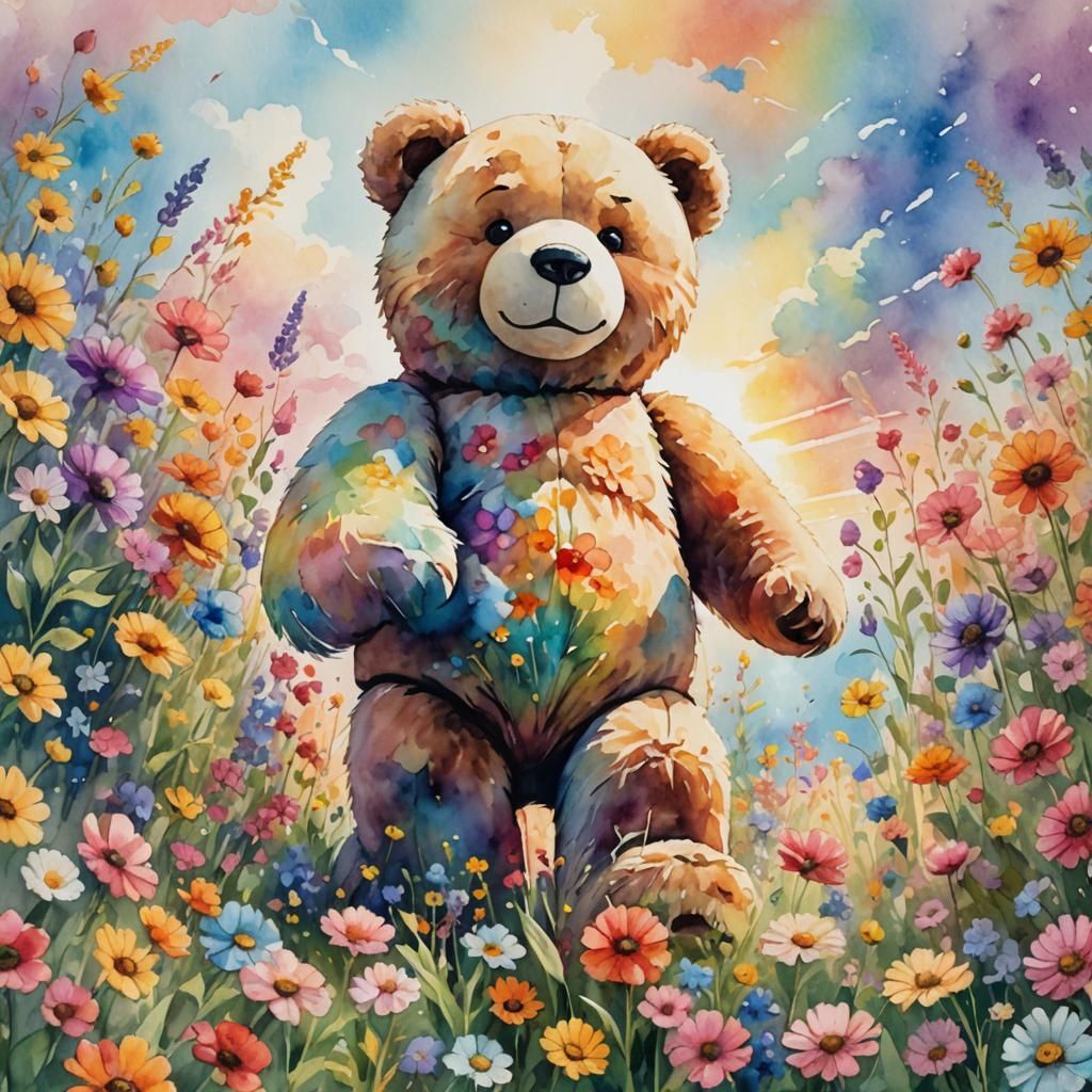 Giant Teddy Bear in Watercolor Flower Field