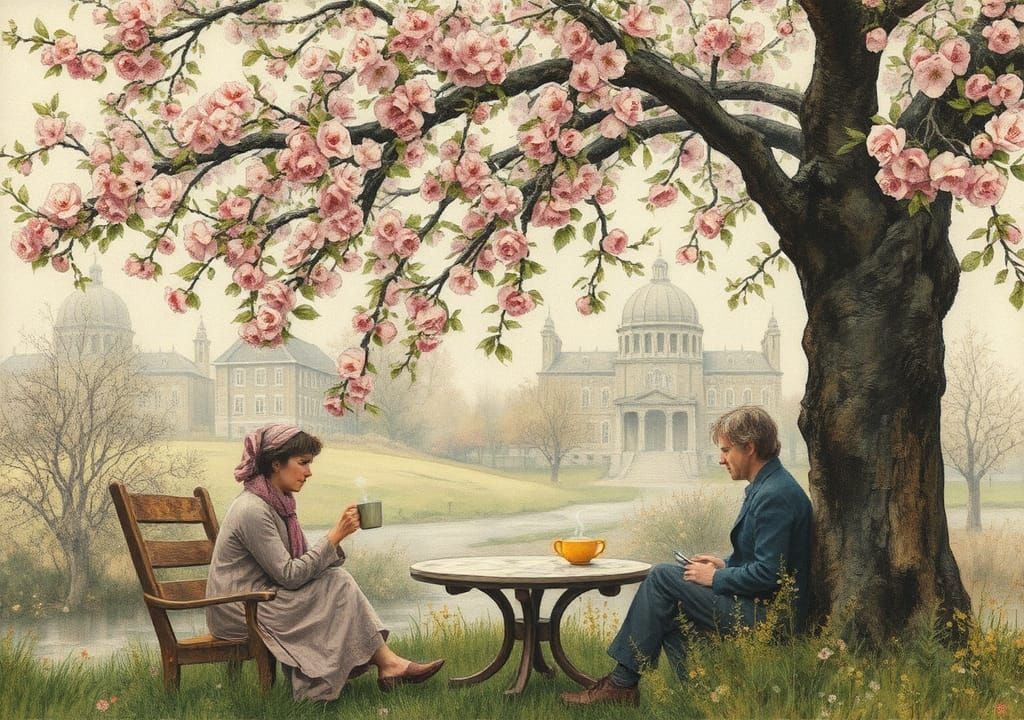 Coffee Under Apple Tree: Detailed Watercolor Painting