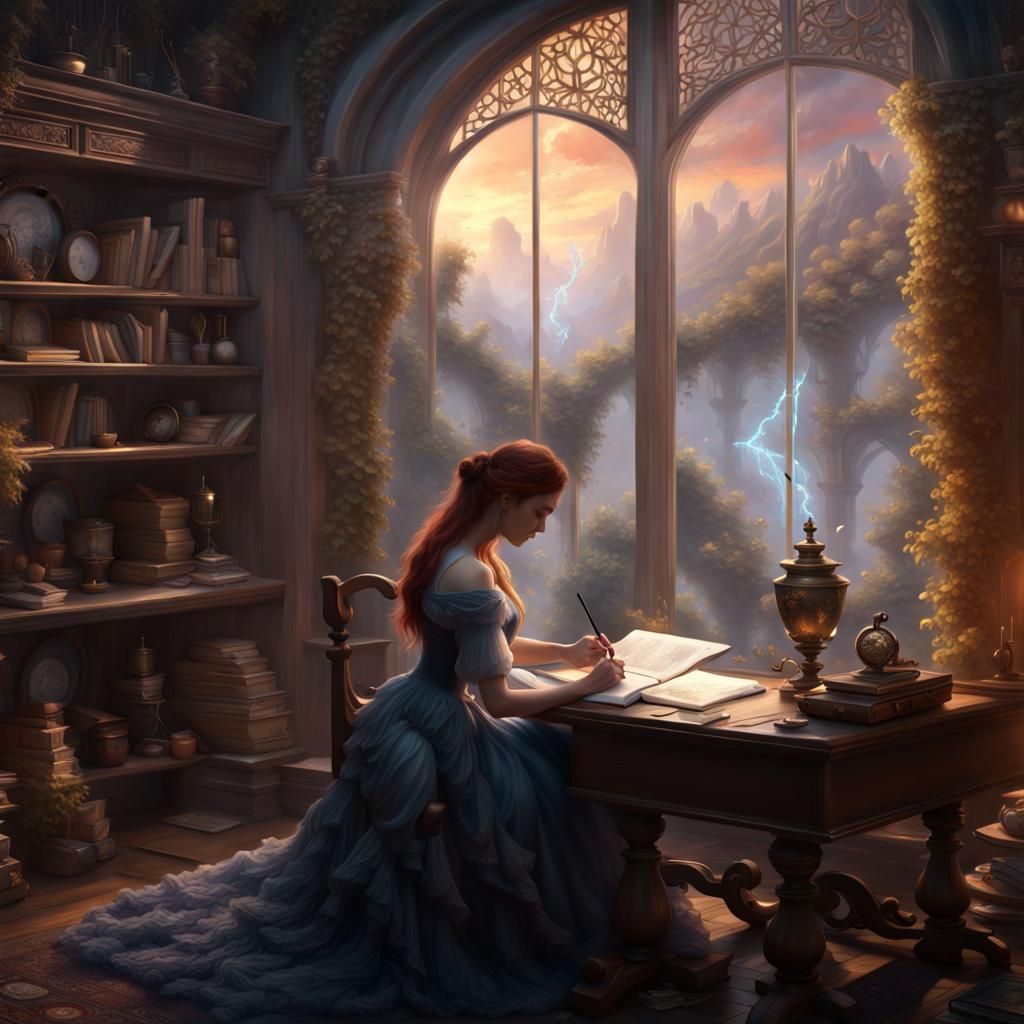 Ethereal Poet Surrounded by Floating Words