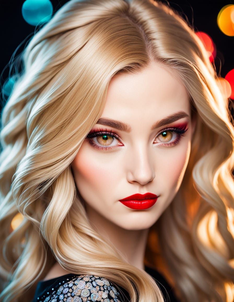 Blonde Bombshell Portrait with Red Lips and Flowing Hair
