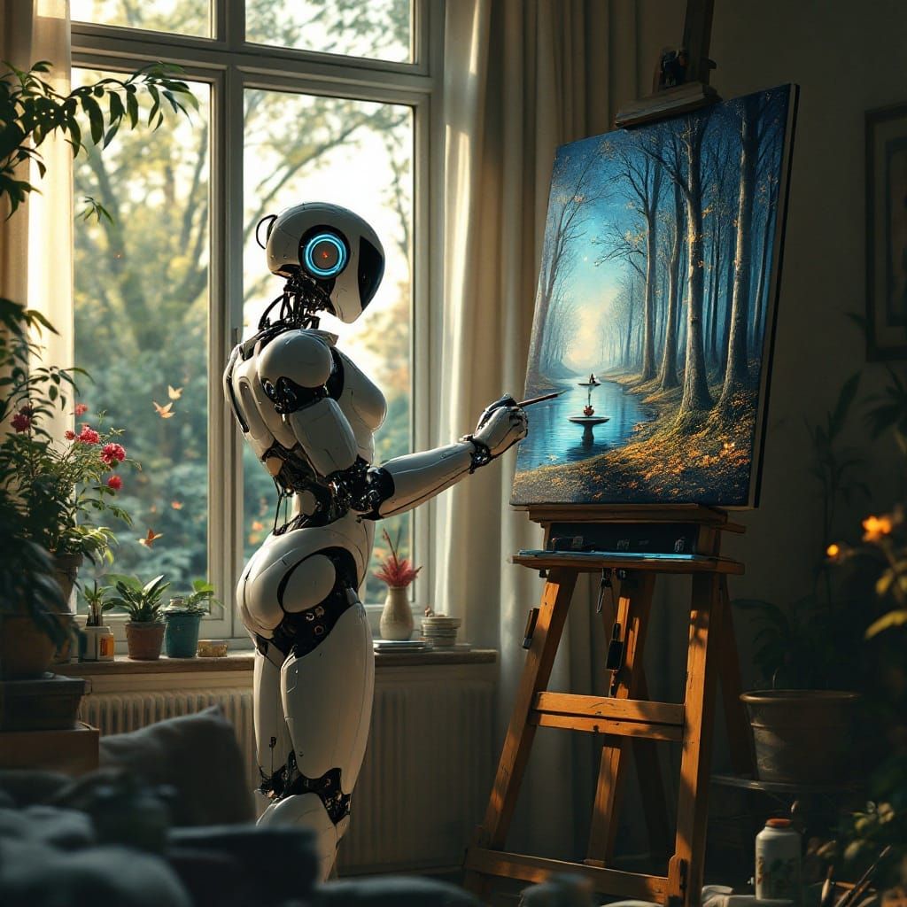 Sleek Robot in Creative Studio, Captured in Cinematic Detail