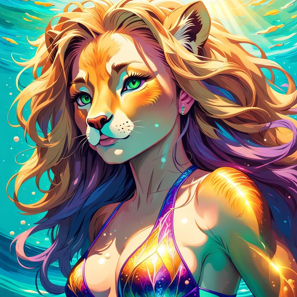 Majestic Lioness in Seascape, Fantasy Art Deco