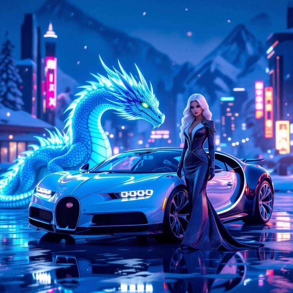 Princess Beside Bugatti with Ice Dragon in Futuristic City