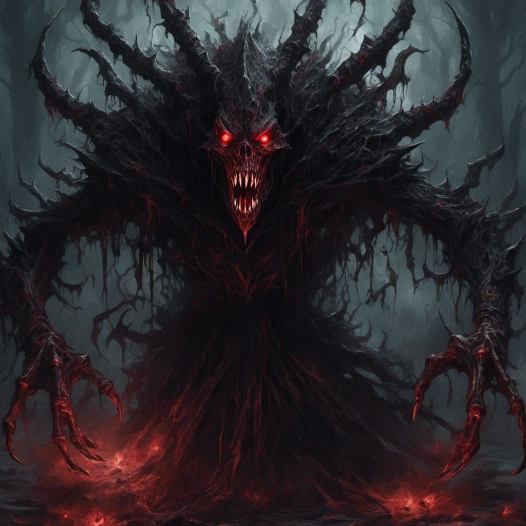 Terrifying Monster in Black Cloak with Glowing Eyes