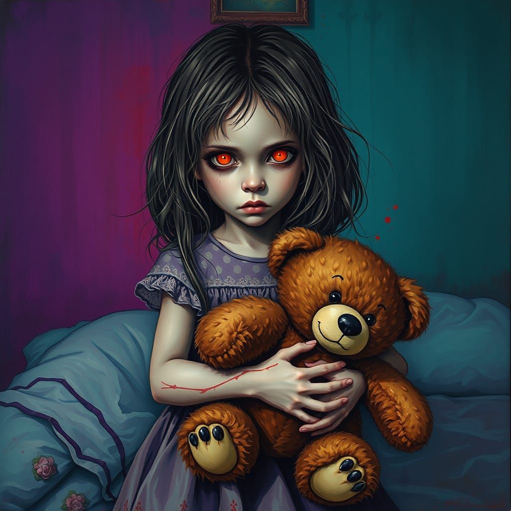 Possessed Child with Glowing Eyes and Teddy Bear