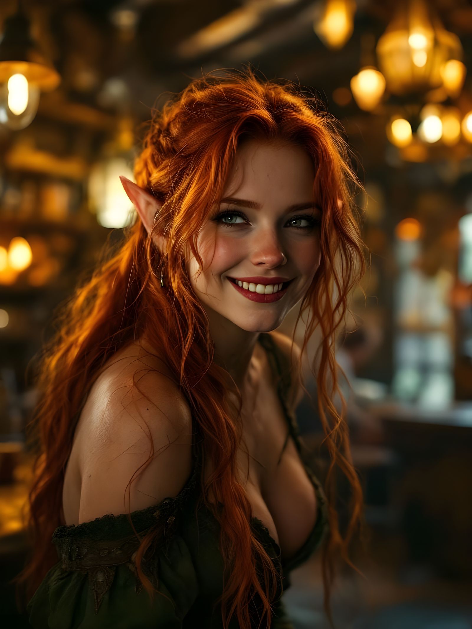 Redhead Elf in Fantasy Tavern, Hyper-Realistic