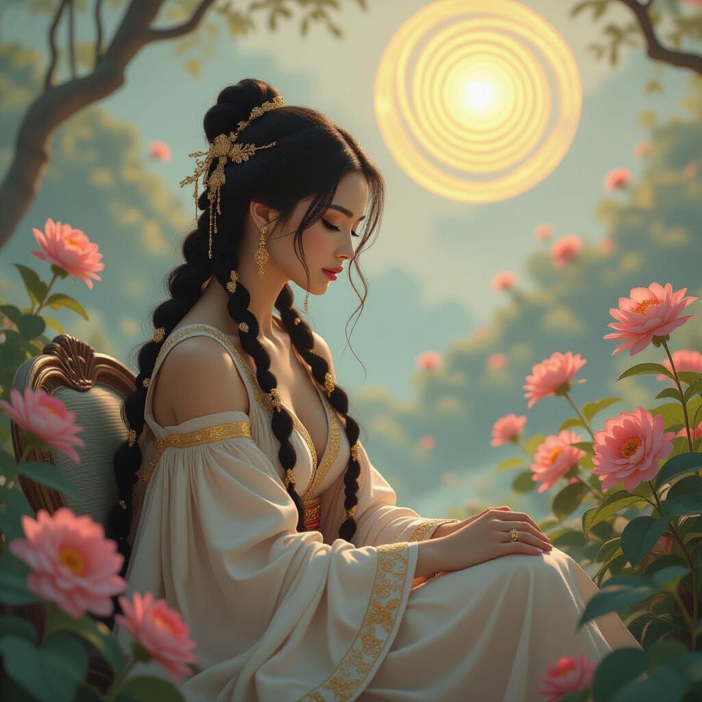 Woman in Abstract Garden with Golden Hair