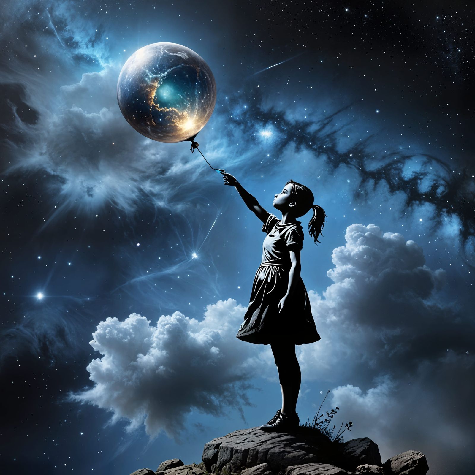 Girl with Balloon in Cosmic Sky, Hyperrealistic Style