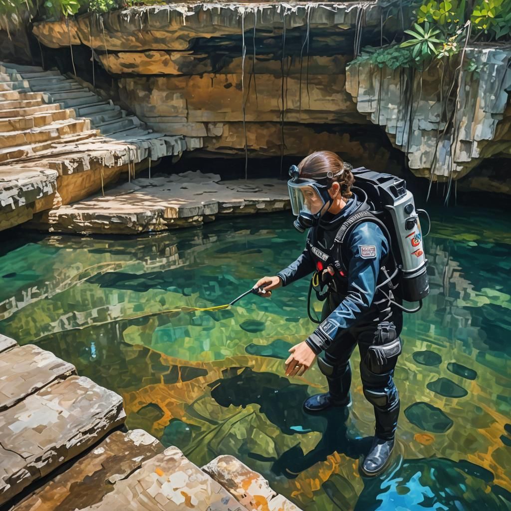 Diver Prepares for Cenote Dive: Impasto Oil Painting
