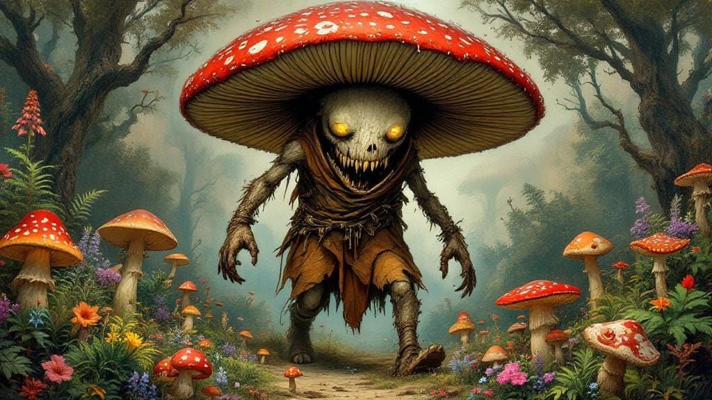 Anthropomorphic Deathcap Mushroom in Lush Garden, Symbolic A...