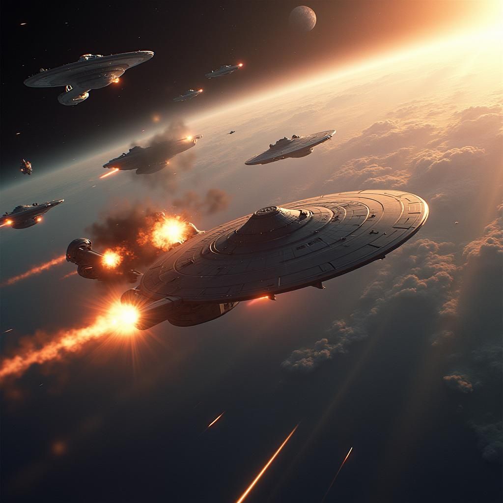Starship Enterprise Dogfight Near Earth, Cinematic Film Stil...