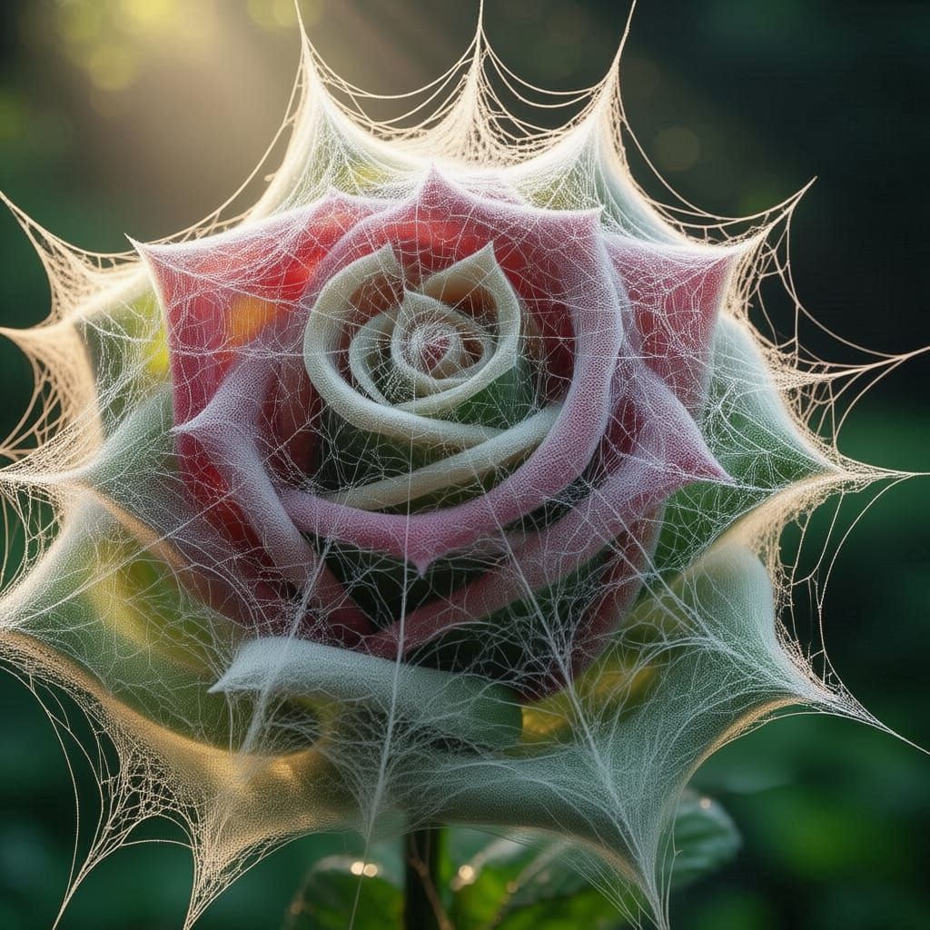 Intricate Rose Transformed into Delicate Spiderweb Art