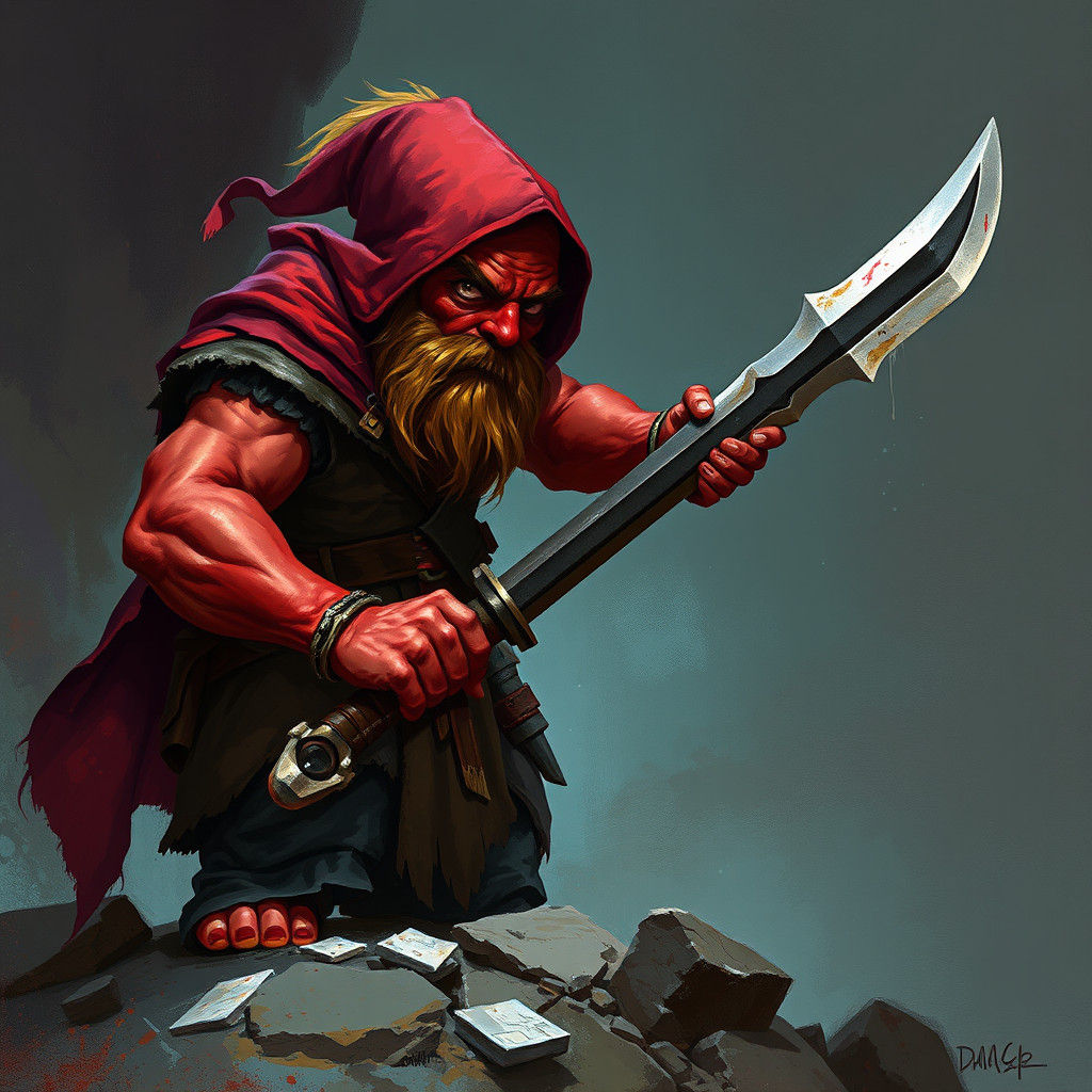 Sinister Red Dwarf Mercenary with Elf Blade