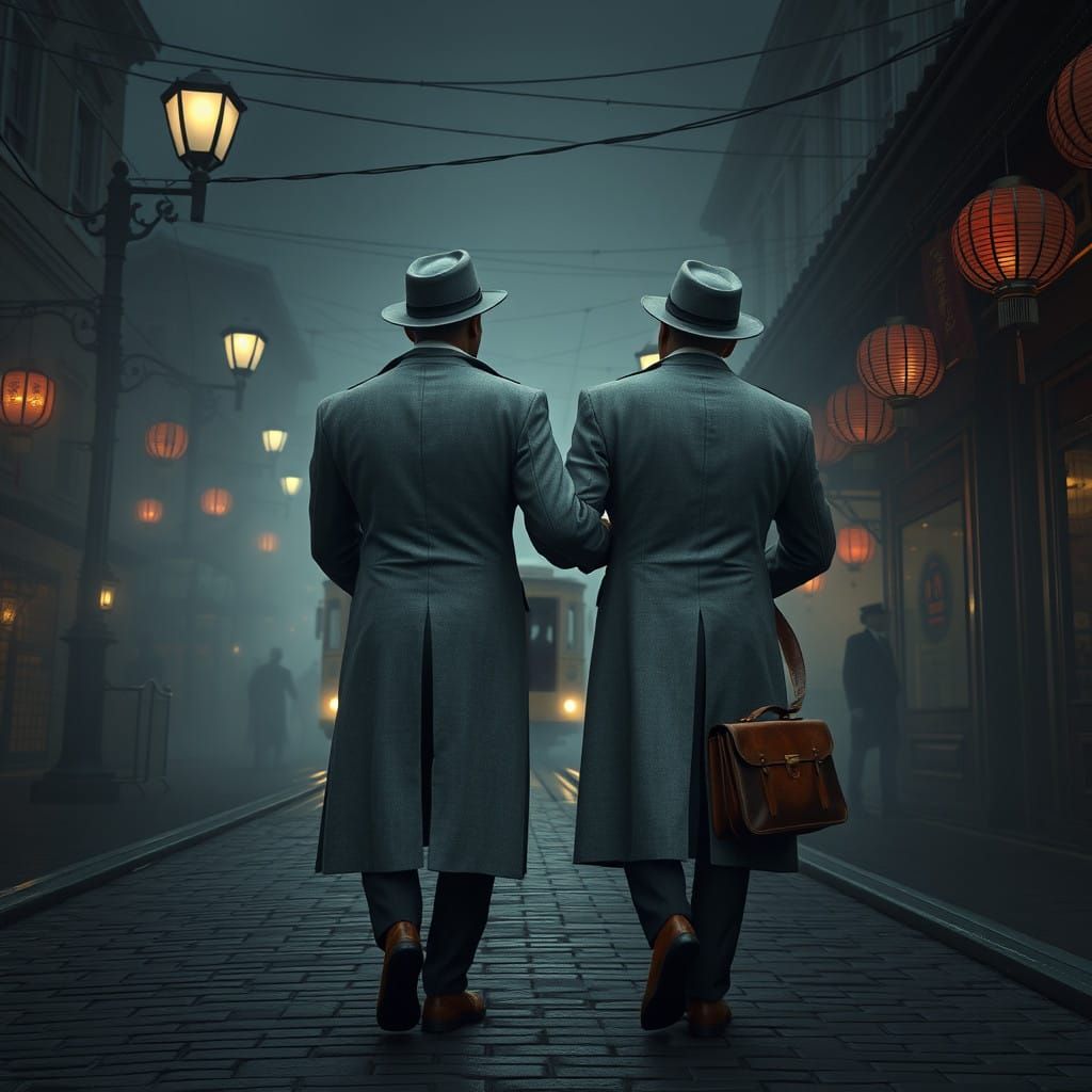 Elegant Gentlemen Stroll Through Foggy San Francisco Chinato...