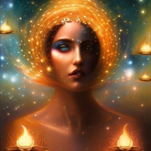 Surreal Woman Amidst Stars, Water, and Fire