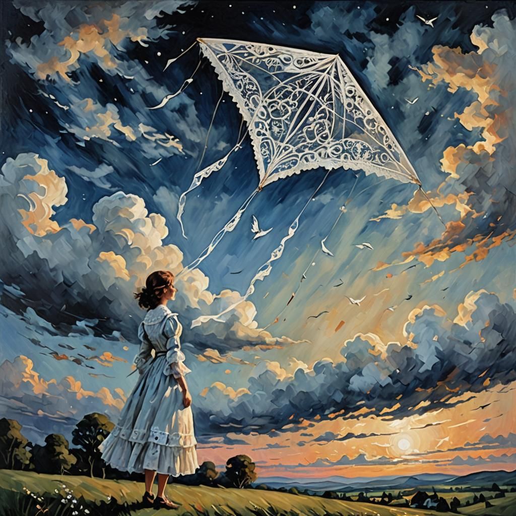 Melancholic Lace Kite Soaring in Gothic Nightscape