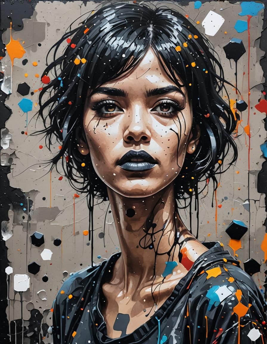 Grungy Woman in Geometric Abstract Pointillism