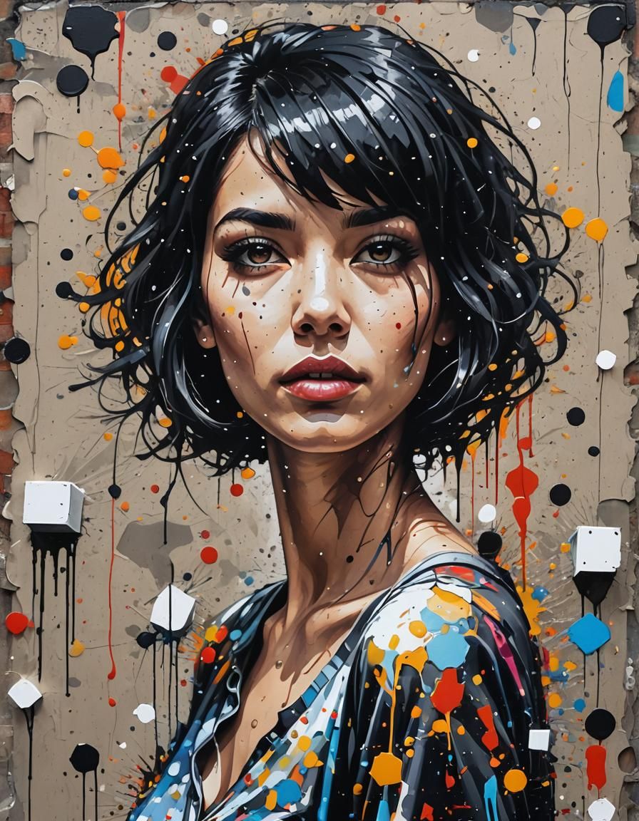 Grungy Woman with Geometric Shapes in Graffiti Art
