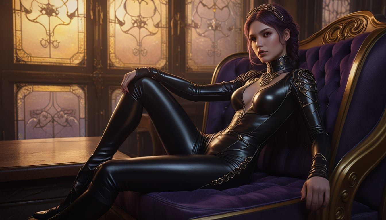 Seated in the plush interior of a luxury vehicle, a woman commands attention with a striking appearance that merges edgy...