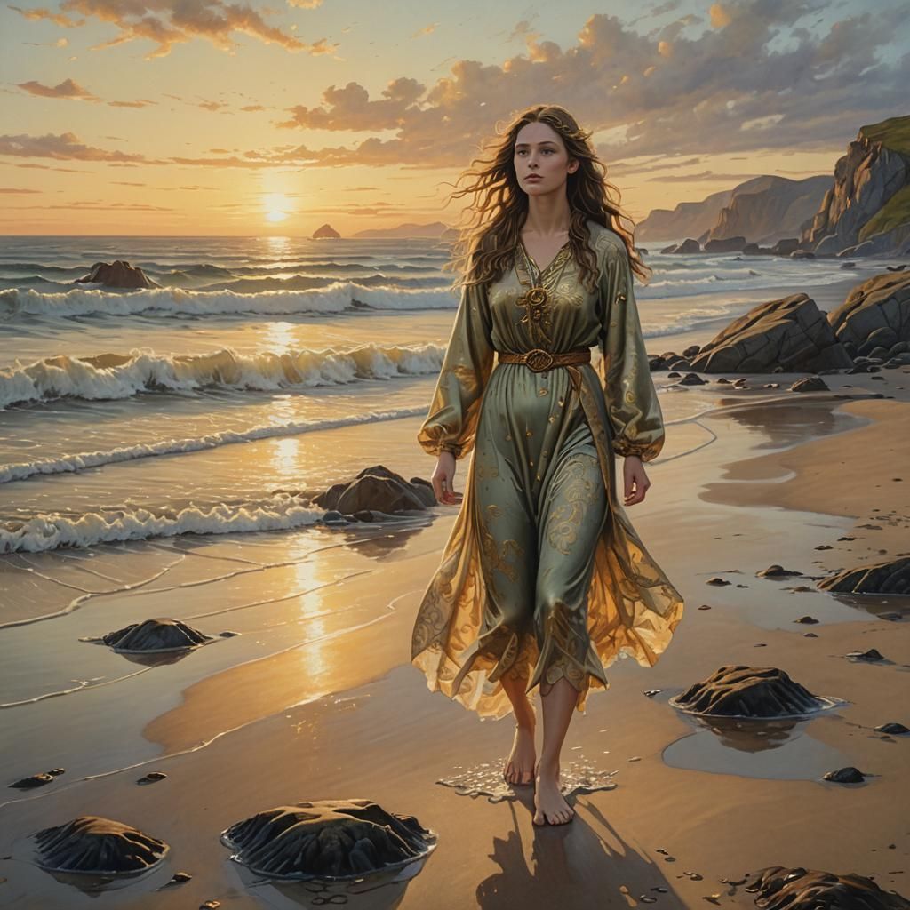 Selkie on Shoreline at Sunset: Fantasy Matte Painting