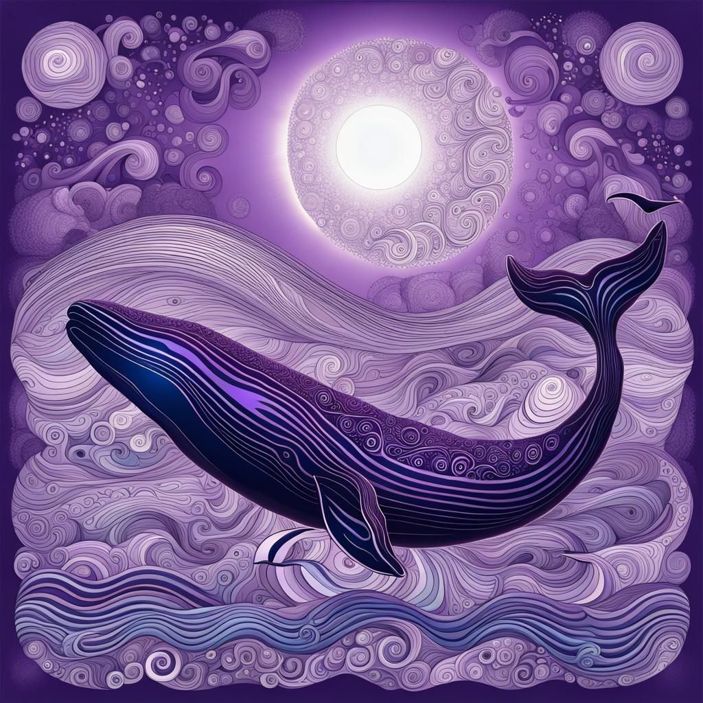 Violet Sun Eclipse with Magical Whale in Abstract Vector Sty...