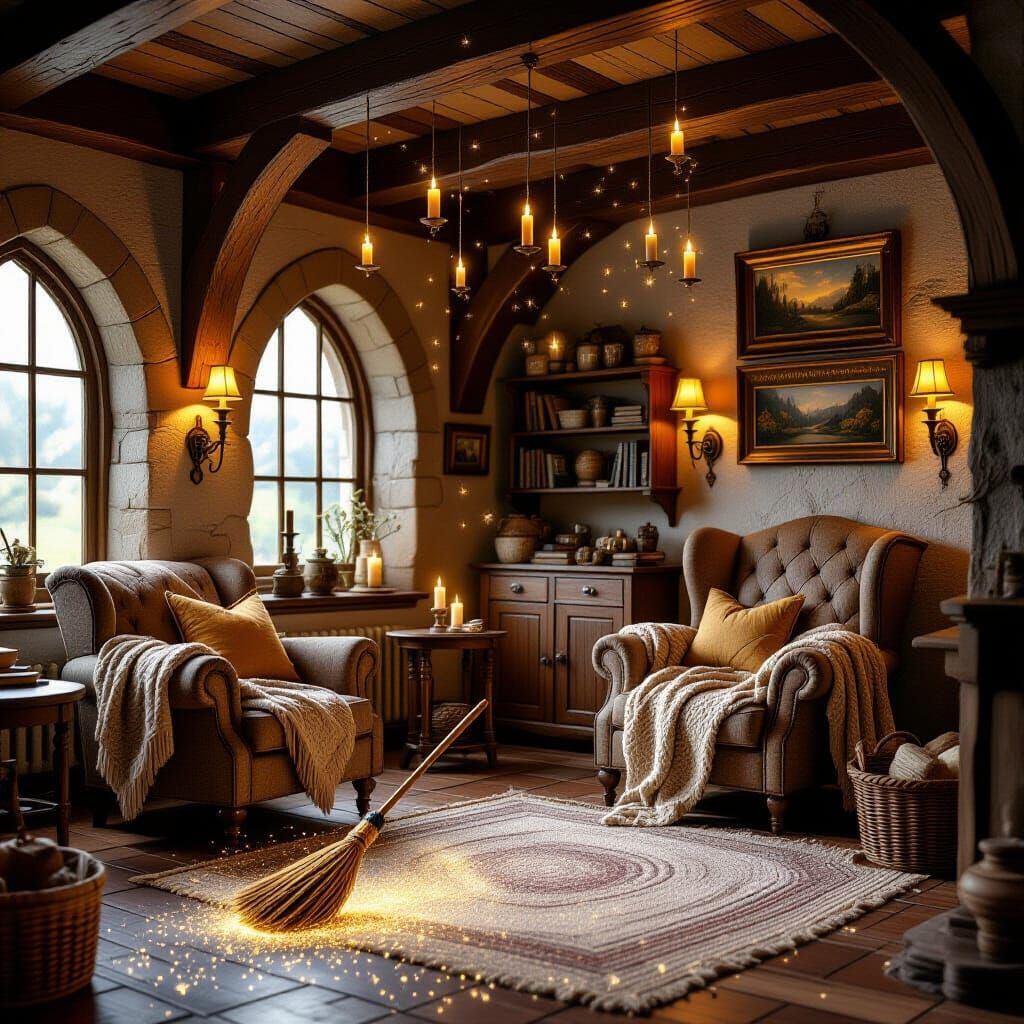 Magical Cozy Living Room with Floating Objects