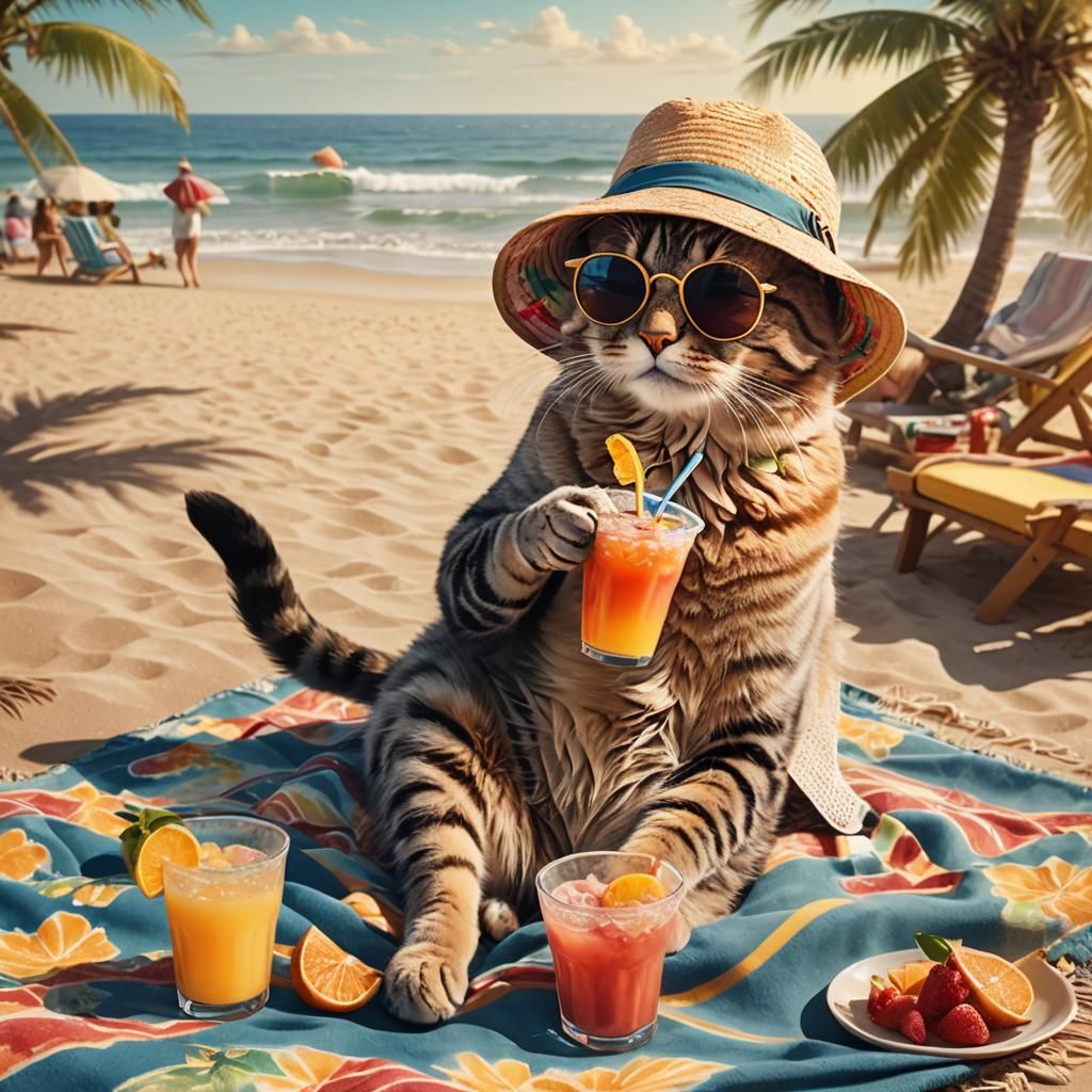 Cat Sipping Drink on Beach in Digital Painting