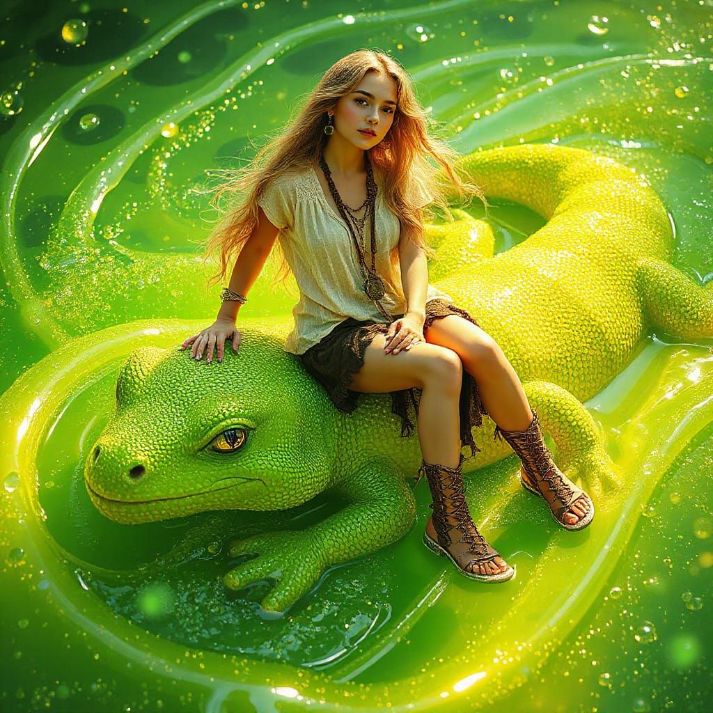 Woman on Gummy Salamander in Soda Sea, Art Nouveau Style