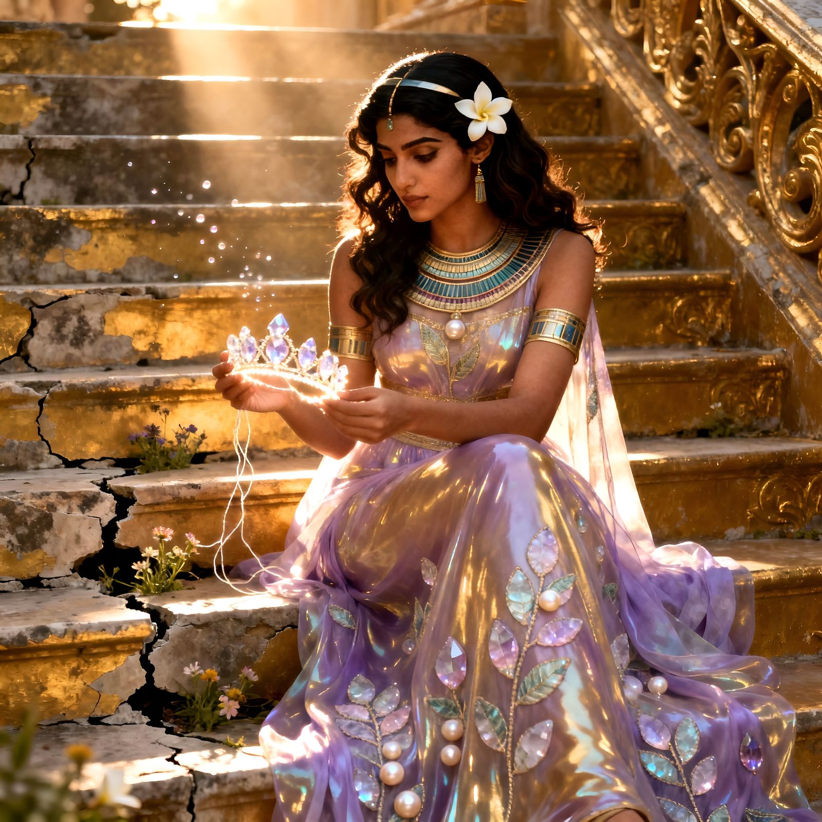 Beautiful Ancient Egyptian Princess on Golden Stairs