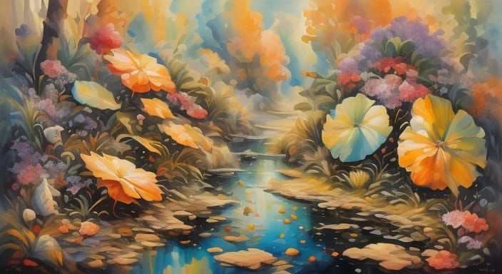 Vibrant Oil Painting of Birds and Wildflowers in a Lush Fiel...
