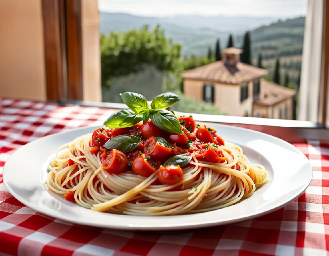 A plate of spaghetti al pomodoro, with basil, steaming, on a checkered tablecloth, Italian landscape out of the window s...