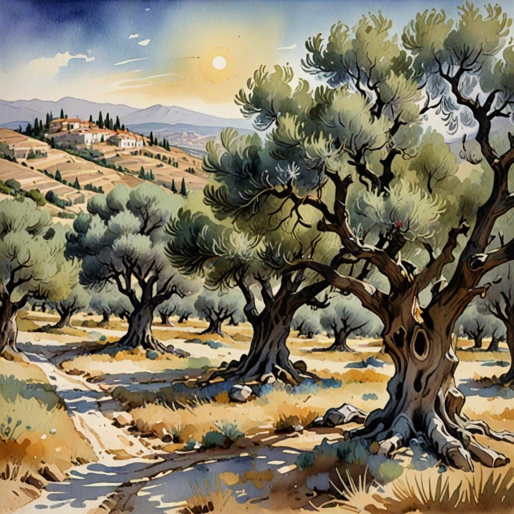 Serene Greek Olive Grove in Watercolor Style