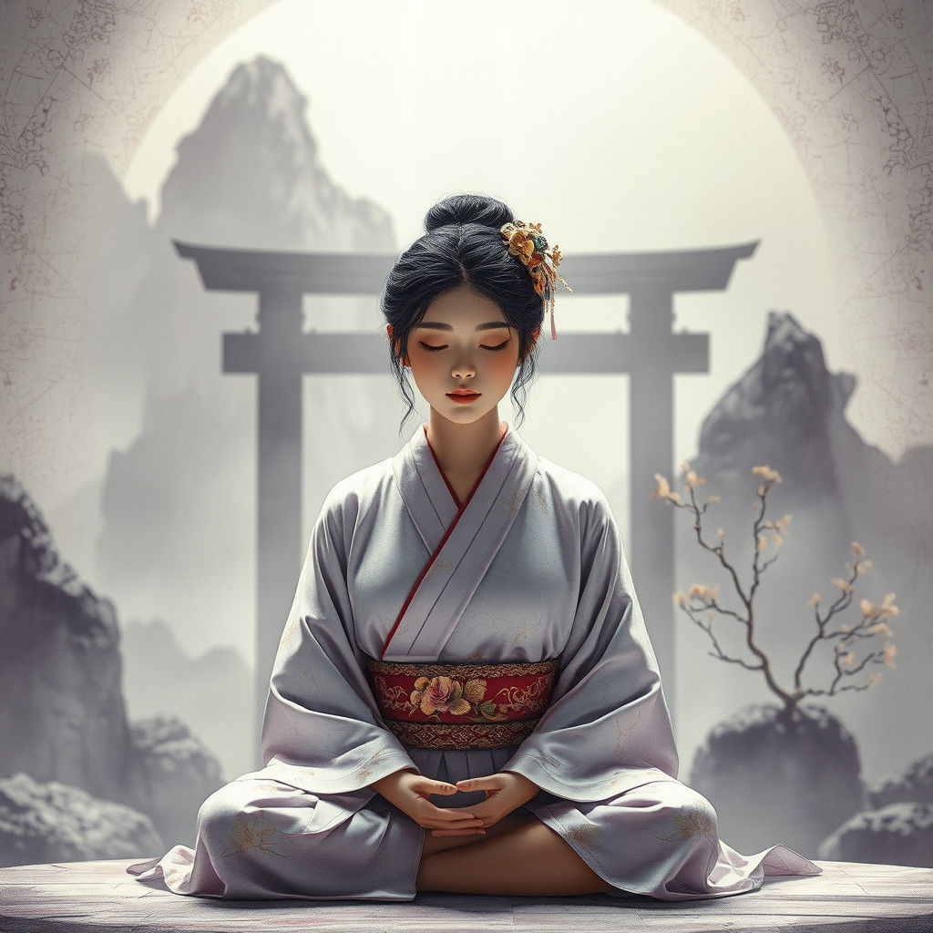 Meditative Woman in Silk Kimono: Ink Wash Anime Art