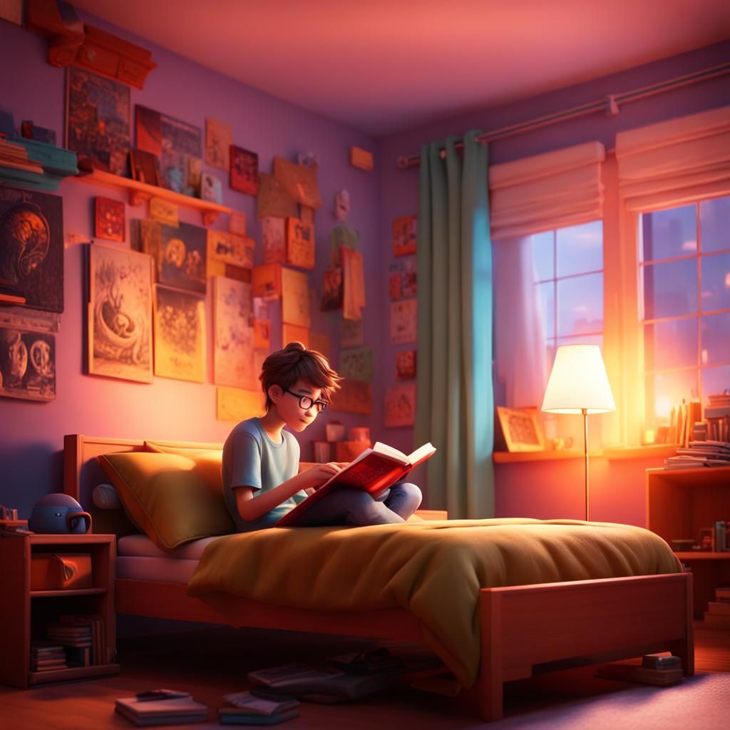 Teenage Boy Reading Book: Pixar-Style 3D Art