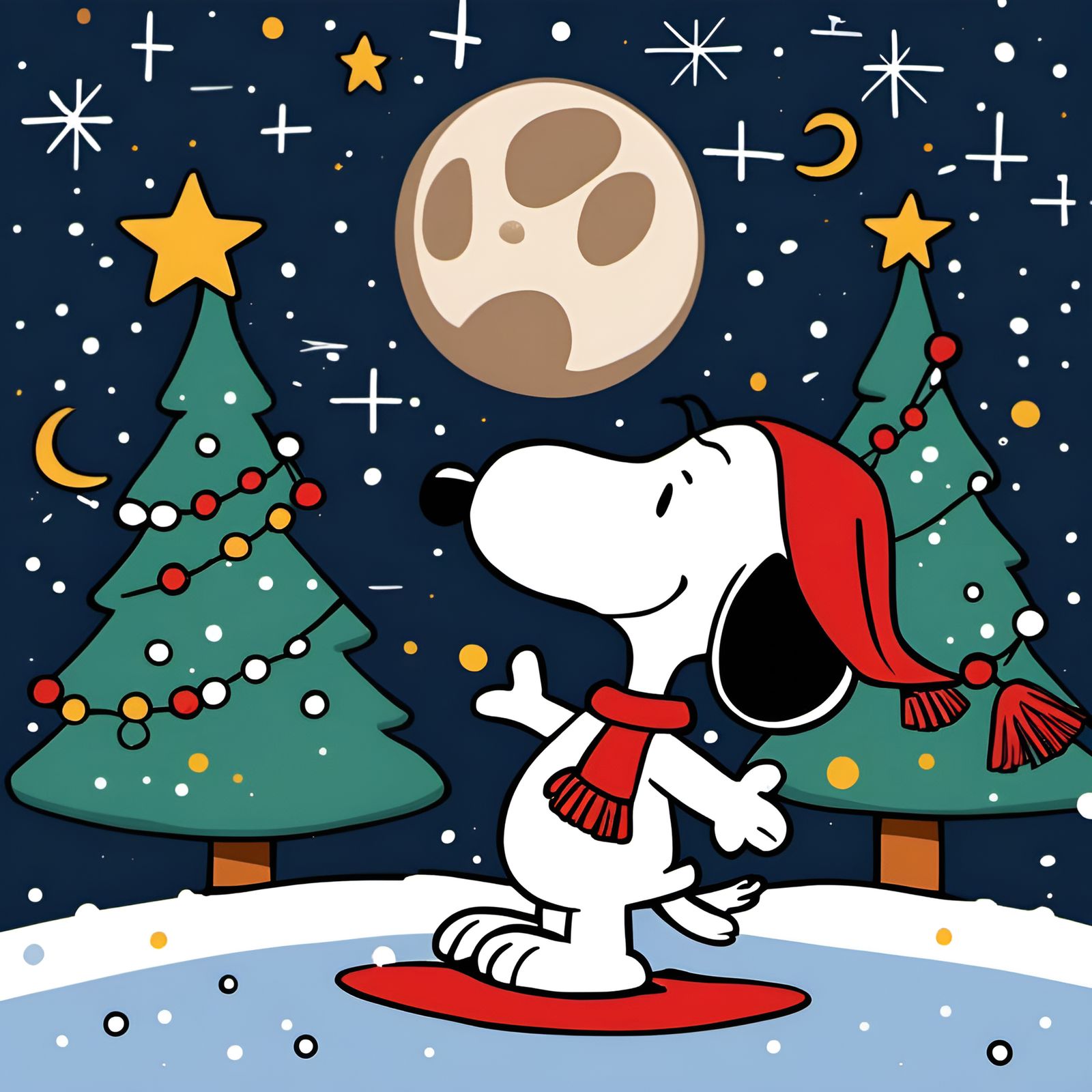 Snoopy Celebrates Christmas in Snowy Scene