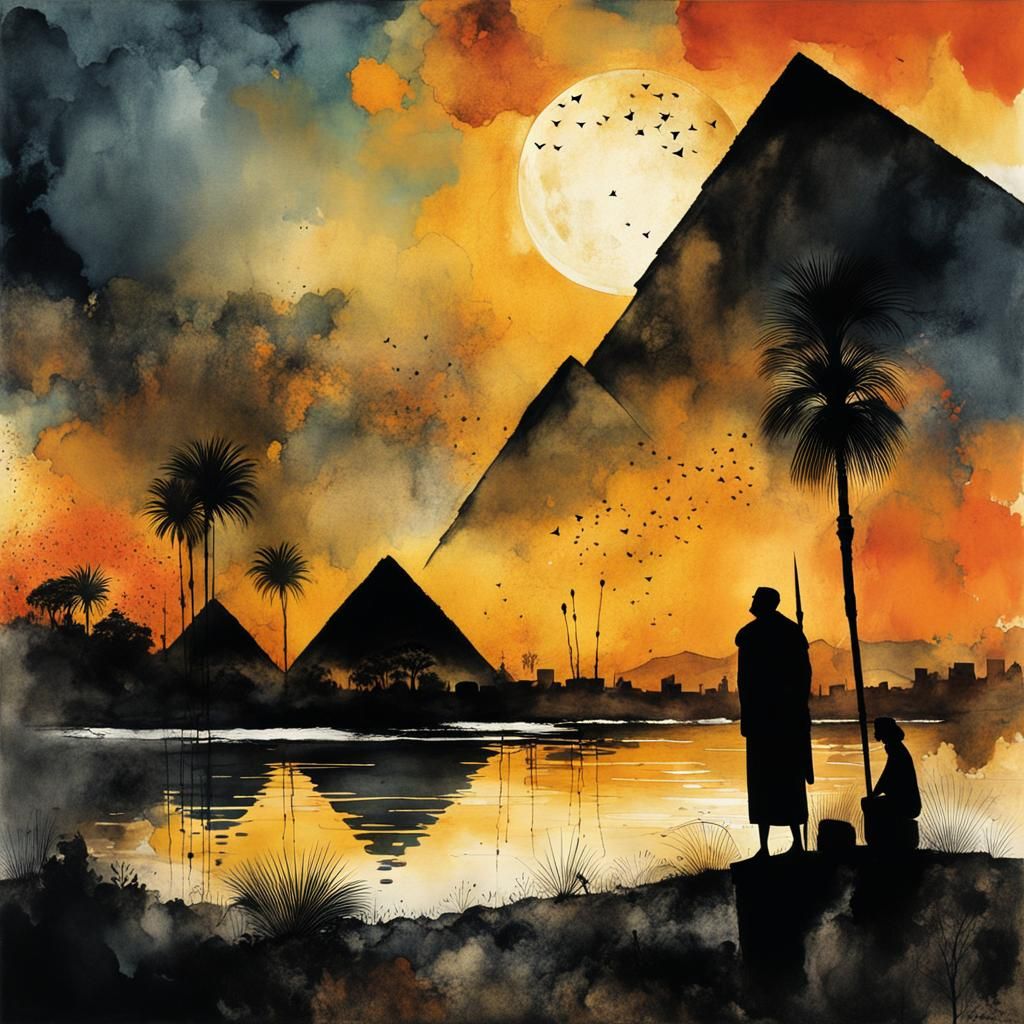 Dramatic Ancient Egypt Scene in Watercolor Style