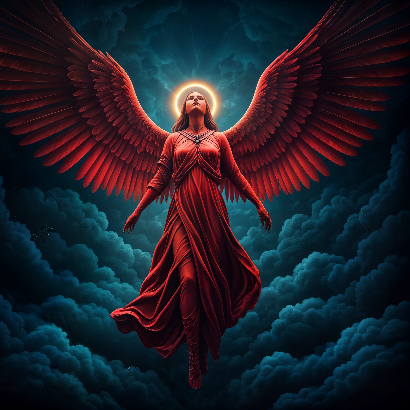 Red Angel in Dark Blue Clouds: Dark Fantasy Concept Art