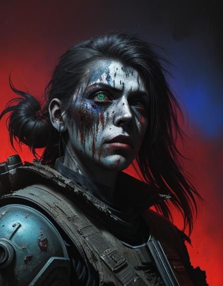 Splatterpunk sci-fi art. Close-up portrait. A female Battle ...