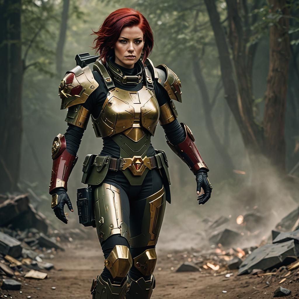 072 A beautiful red haired Rogue Trader (W40K) wearing an armor.