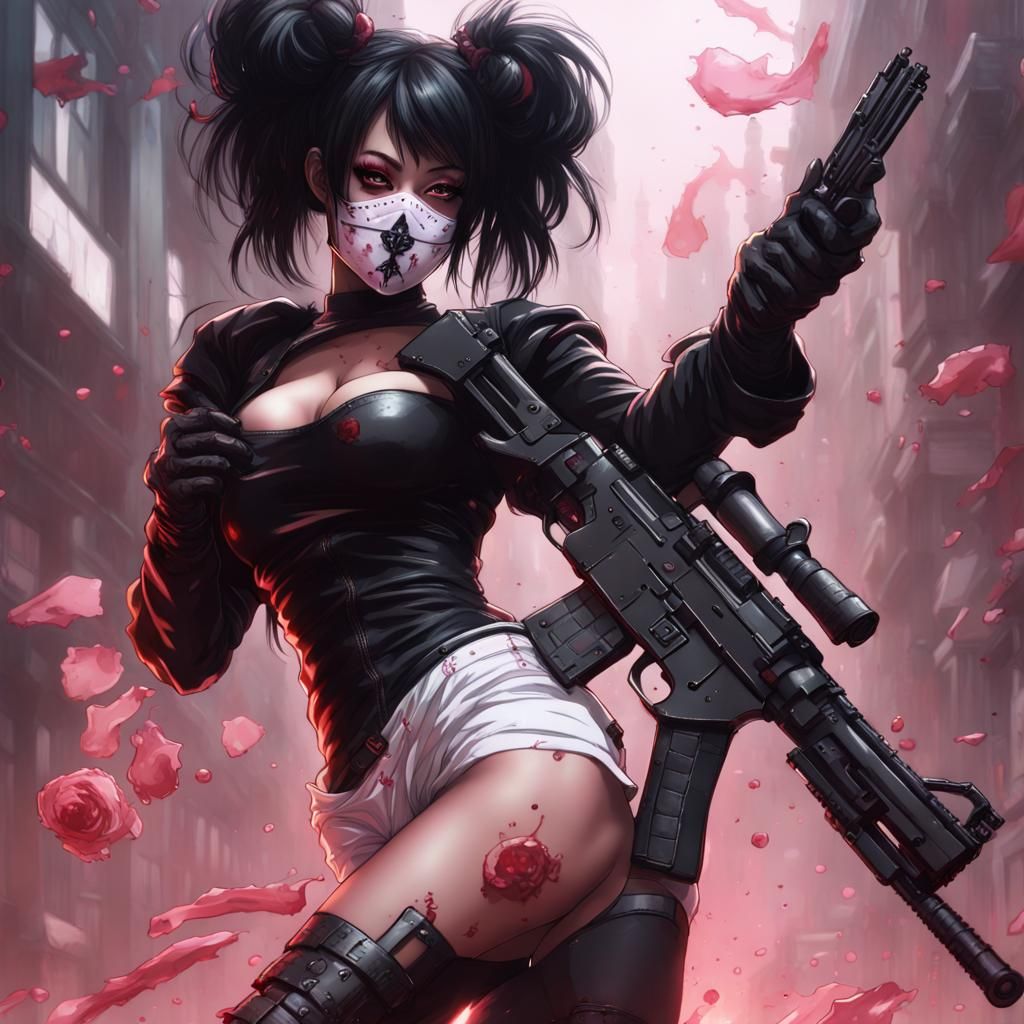 Dark Fantasy Anime Girl in Bloody White Mask and Tutu