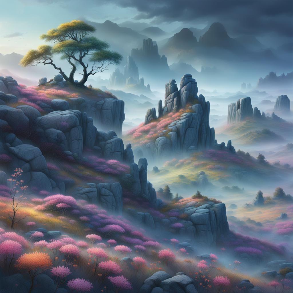 Epic Cinematic Landscape with Misty Rock Outcrops