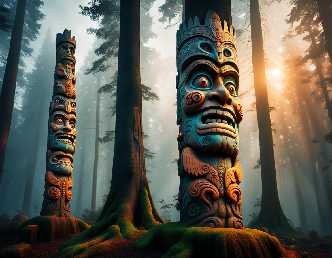 Eerie Totem Pole in Haunted Forest: Cinematic Photography