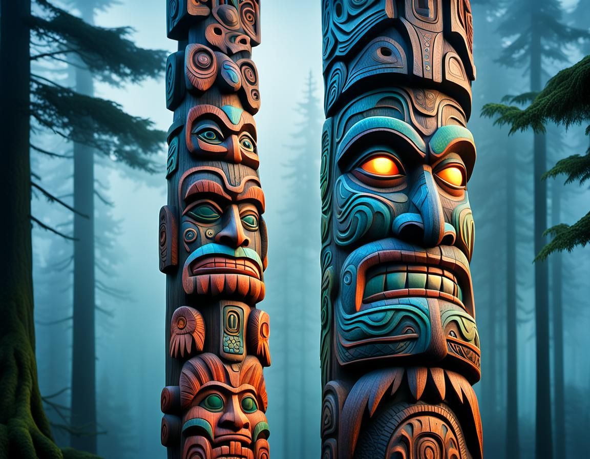 Mystical Totem Pole in Misty Dusk Landscape